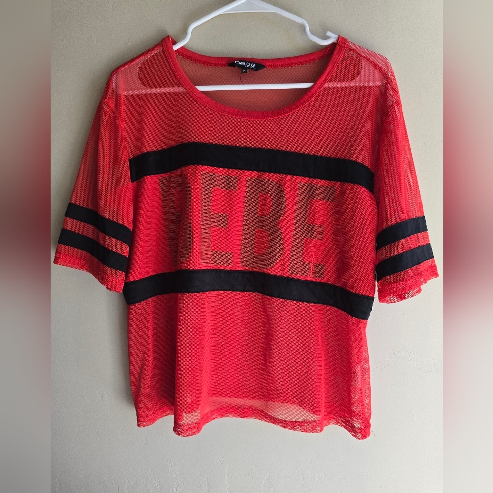 Bebe Black And Red Striped Womens Medium Mesh Sport Top Football Style